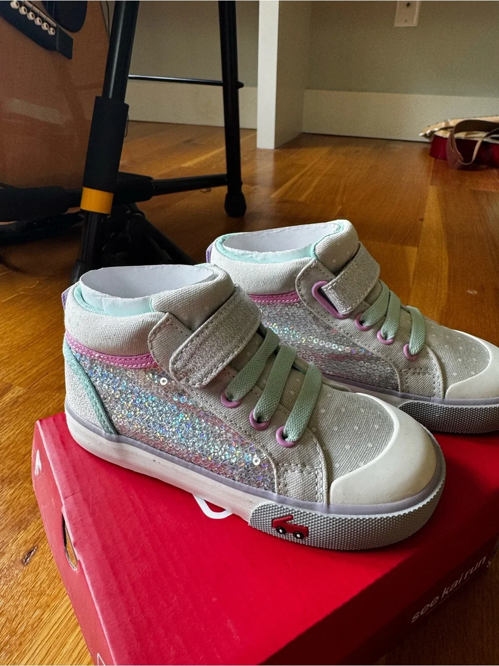 Kids Sparkle High-Top Sneakers in Light Gray with Mint & Pink Accents